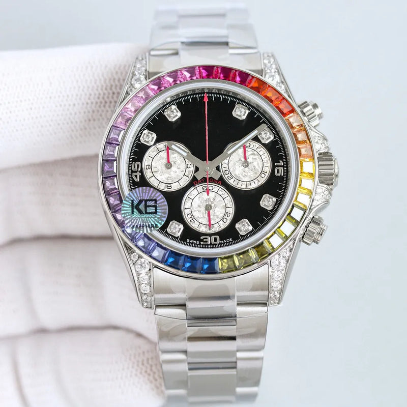 Rolex Daytona Black Sphere Rainbow bezel Moissanite