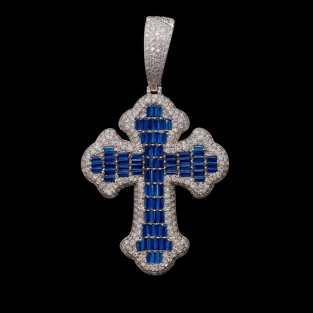 Blue Baguette Cross Moissanite Pendant / Jewelry